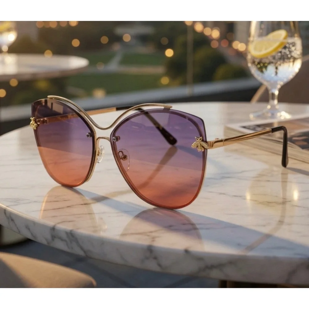 Rimless Butterfly Sunglasses Bee‎ Accents Purple Pink Fashion Shades Oversized